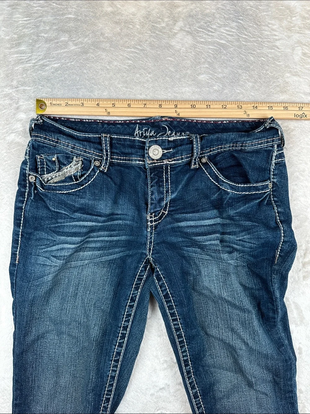 Ariya Jeans Womens 11/12 Bootcut Dark Wash Embellished Flap Pocket Stretch Y2K